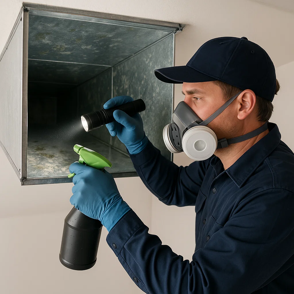 Technician inspecting HVAC ductwork for moisture and mold while applying safe sanitizing treatment in Dickinson TX.