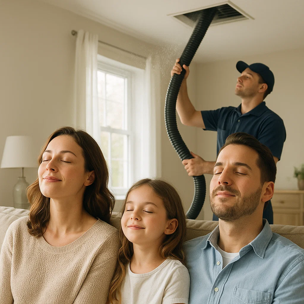 Technician cleaning air ducts in a home to remove allergens, dust mites and pollutants for healthier indoor air in Dickinson TX